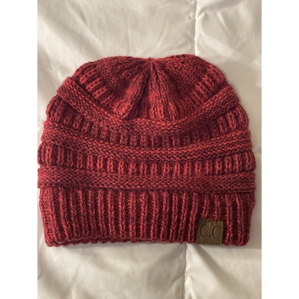 C.C Stretch Burgundy Cable Knitโ Ribbed Super Soft Faux Fur Pom Pom Beanie Hat